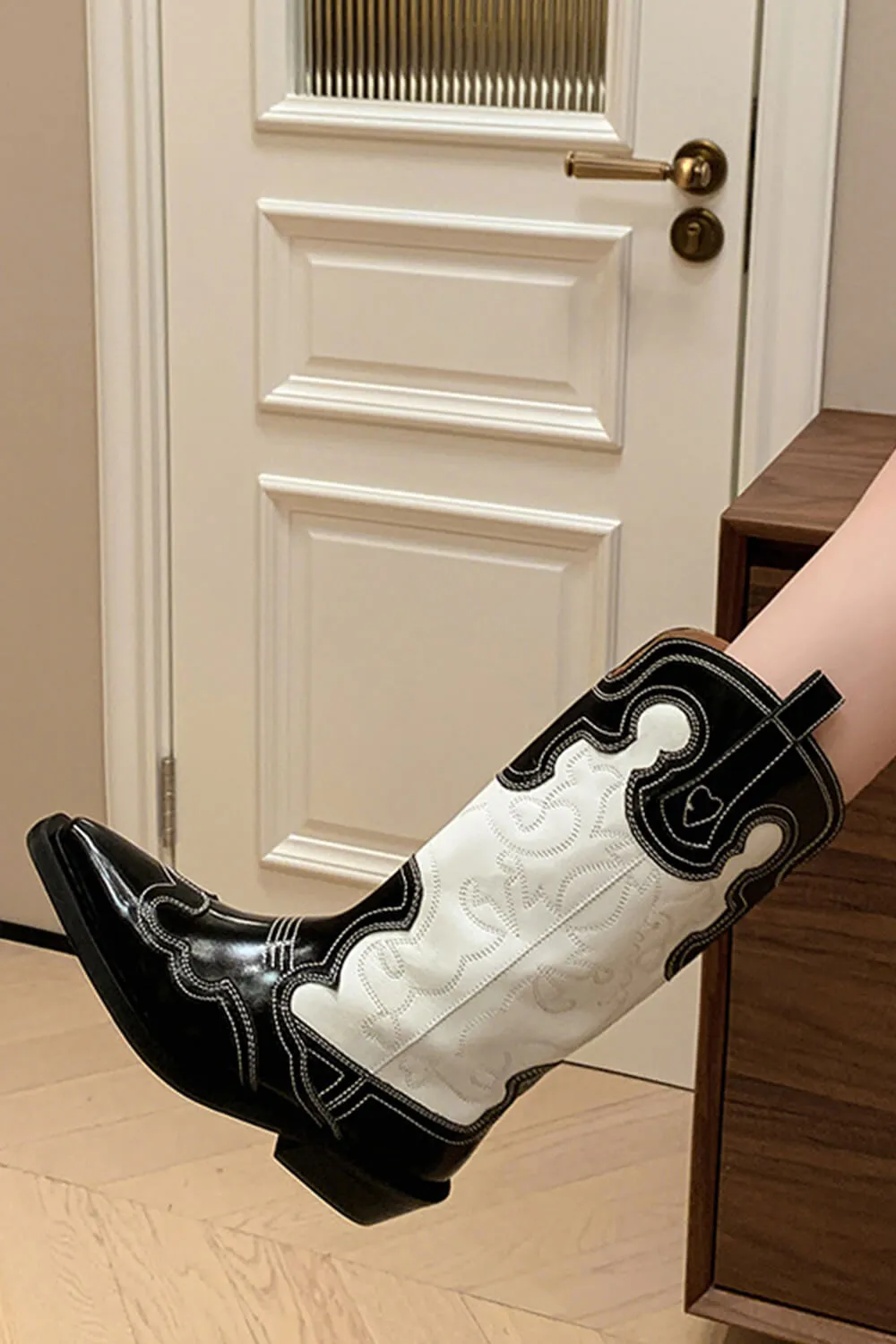 Black And White Embroidered Western Cowboy Pointed-Toe Mid-Calf Boots sold by Floralkini product image thumbnail 2