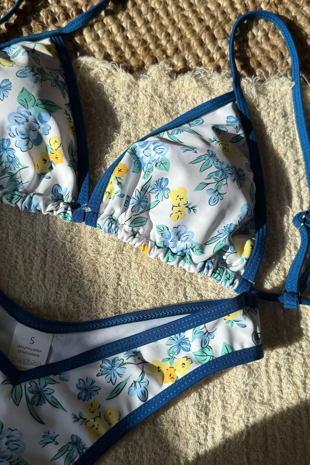 Blue Floral Print Contrast Trim Triangle High Cut Bikini Set sold by Floralkini product image thumbnail 5