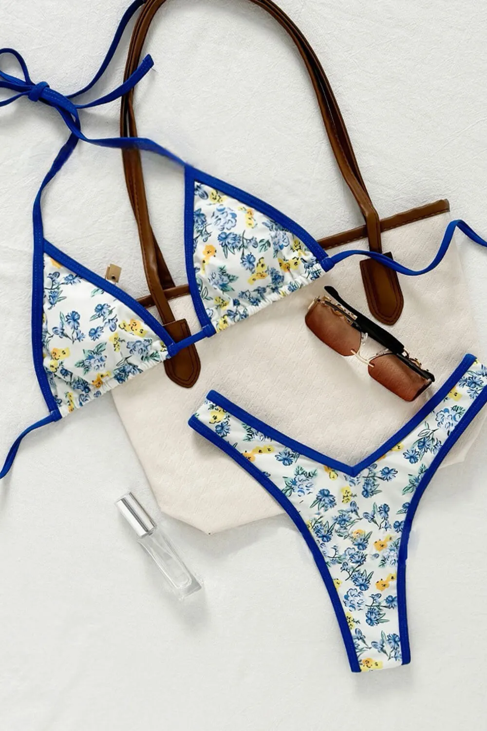 Blue Floral Print Contrast Trim Triangle High Cut Bikini Set sold by Floralkini product image thumbnail 3
