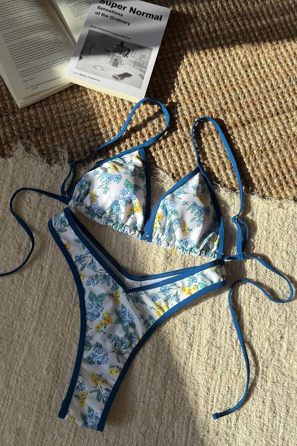 Blue Floral Print Contrast Trim Triangle High Cut Bikini Set sold by Floralkini product image thumbnail 4