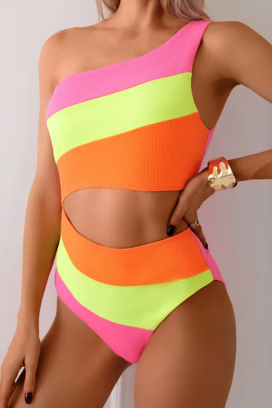 Ribbed Colorblock Cut Out One Shoulder One Piece Swimsuit sold by Floralkini
