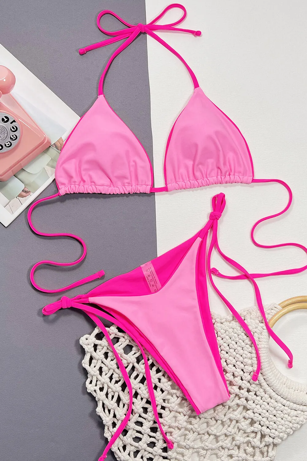 Contrast Trim Triangle Halter Tie Side Bikini Set sold by Floralkini product image thumbnail 2