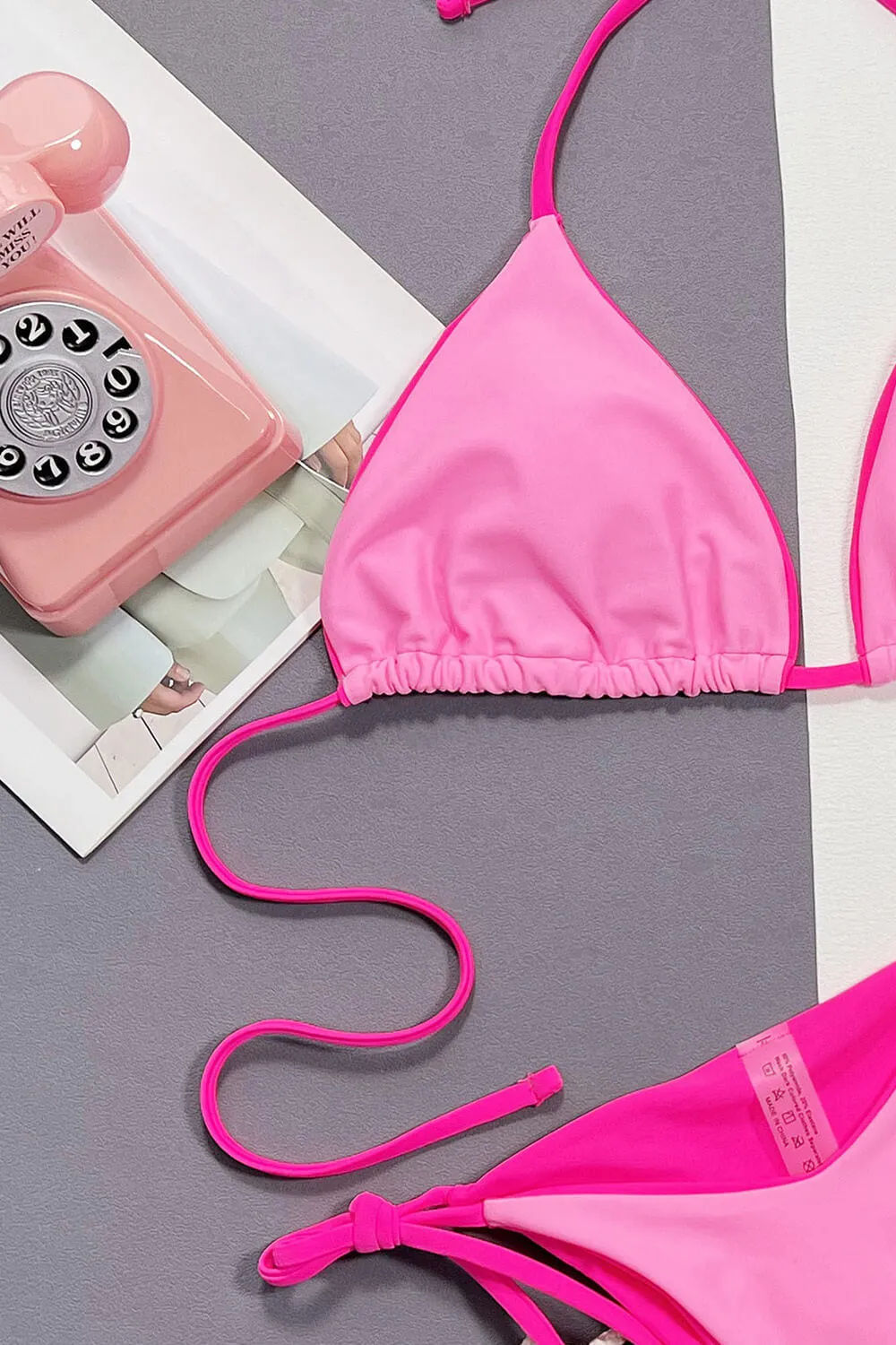 Contrast Trim Triangle Halter Tie Side Bikini Set sold by Floralkini product image thumbnail 4