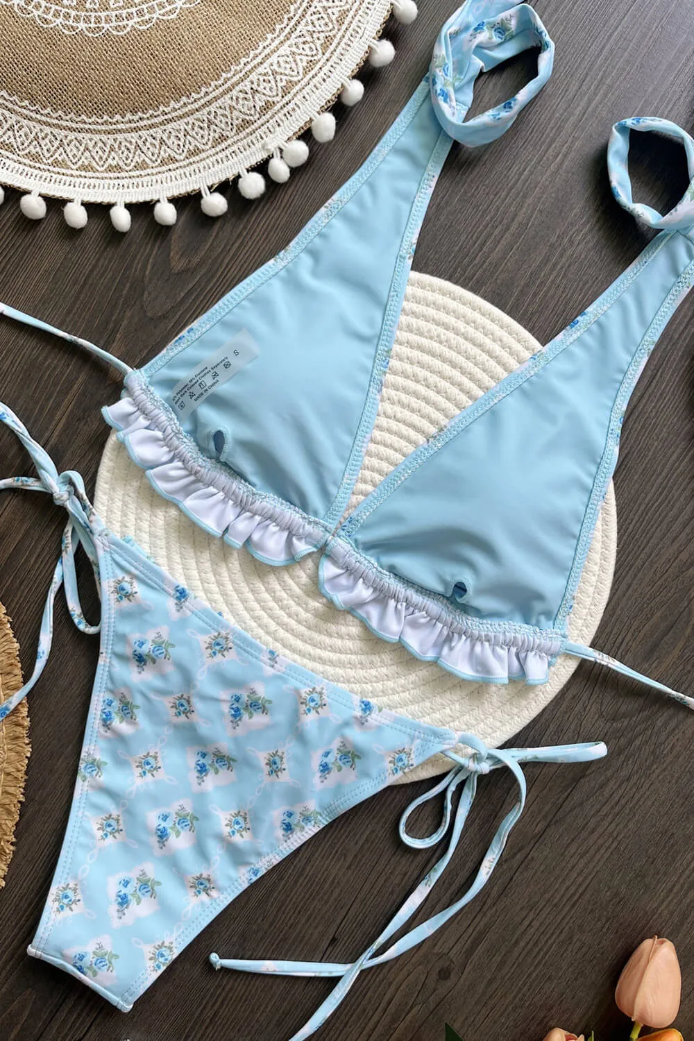 Blue Floral Print Ruffled Halterneck Tie Side Bikini Set sold by Floralkini product image thumbnail 5