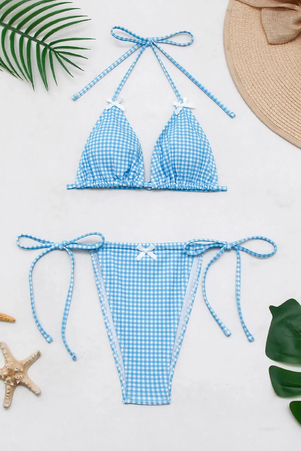Gingham Print Triangle Halter Tie Side Bikini Set With Bows sold by Floralkini product image thumbnail 2