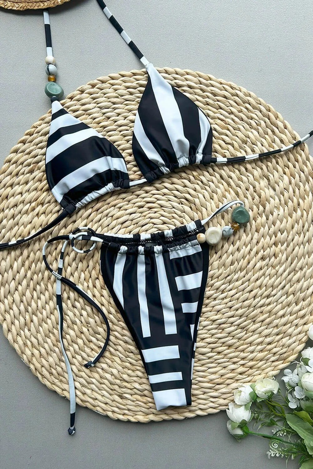 Linocut String Triangle Tie Side Bikini Set With Beaded Detailing sold by Floralkini product image thumbnail 4