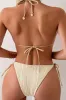 Textured Twisted Trim Triangle Halter Tie Side Bikini Set With Bows - Beige sold by Floralkini