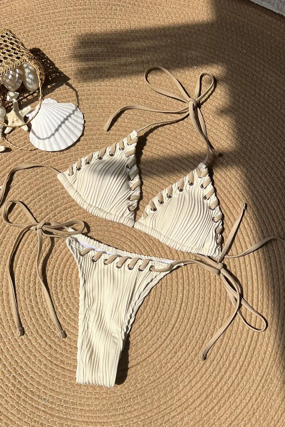 Textured Twisted Trim Triangle Halter Tie Side Bikini Set With Bows - Beige sold by Floralkini product image thumbnail 5