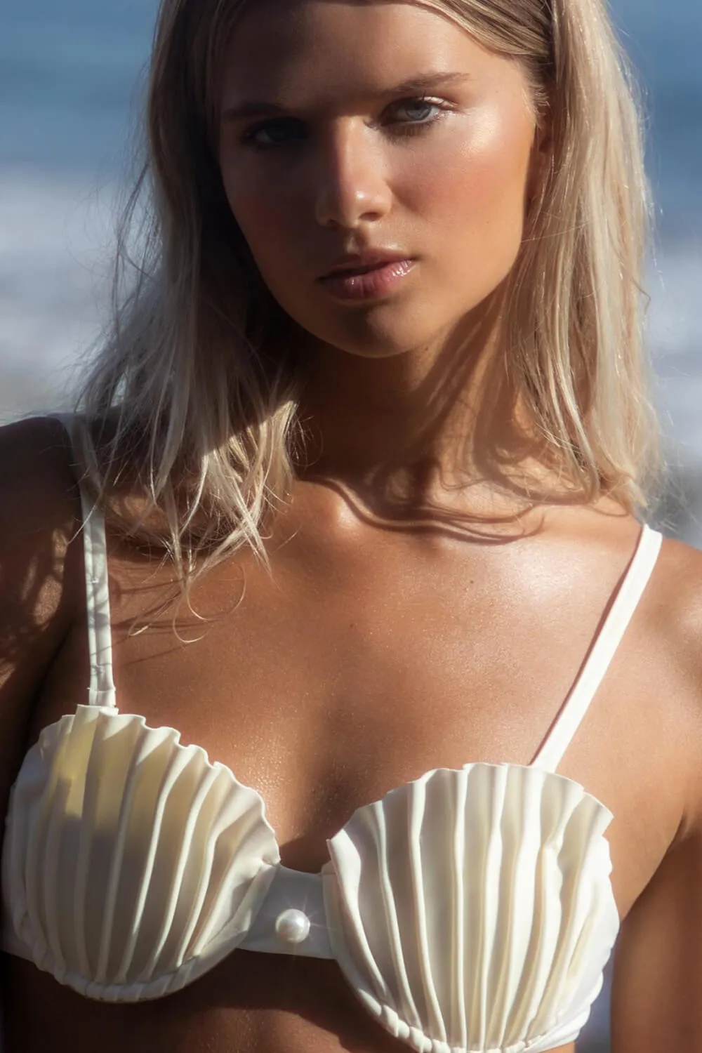 Ruched Shell Underwire Tie Side Bikini Set With Pearl Details - White sold by Floralkini product image thumbnail 4