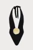Rosette Deep V Halter One Piece Swimsuit - Black sold by Floralkini