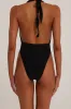 Rosette Deep V Halter One Piece Swimsuit - Black sold by Floralkini
