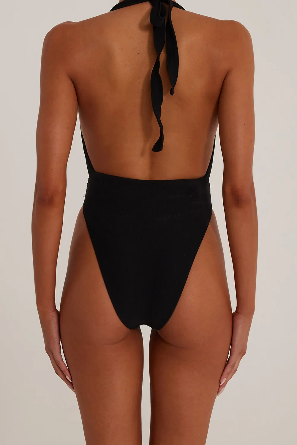 Rosette Deep V Halter One Piece Swimsuit - Black sold by Floralkini product image thumbnail 2