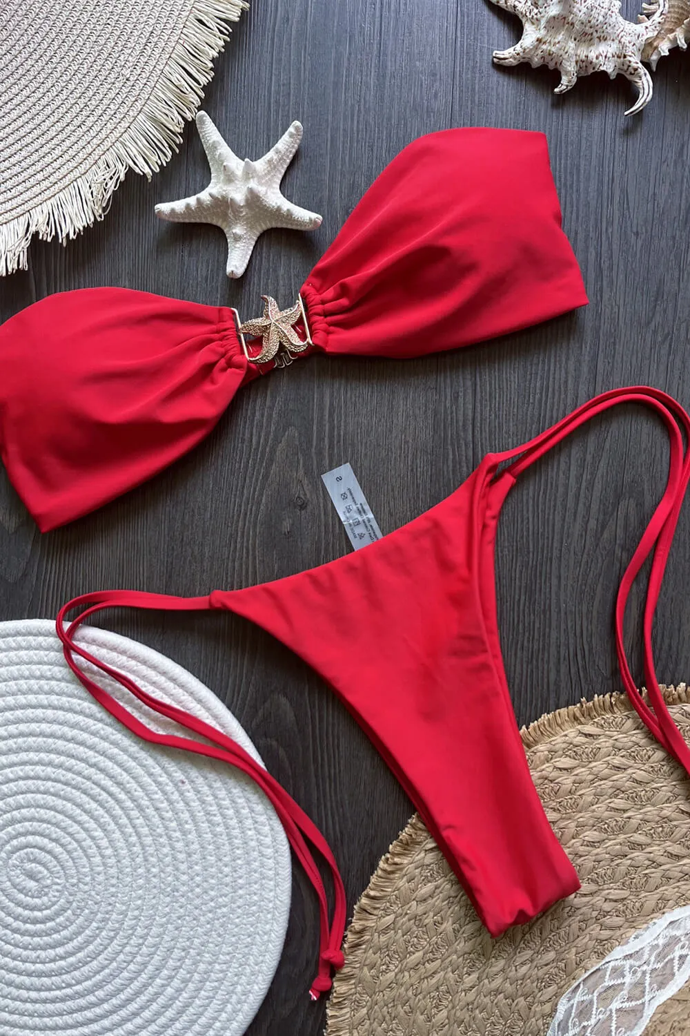 Gold Starfish Detail Bandeau Tie Side Bikini Set-Red sold by Floralkini