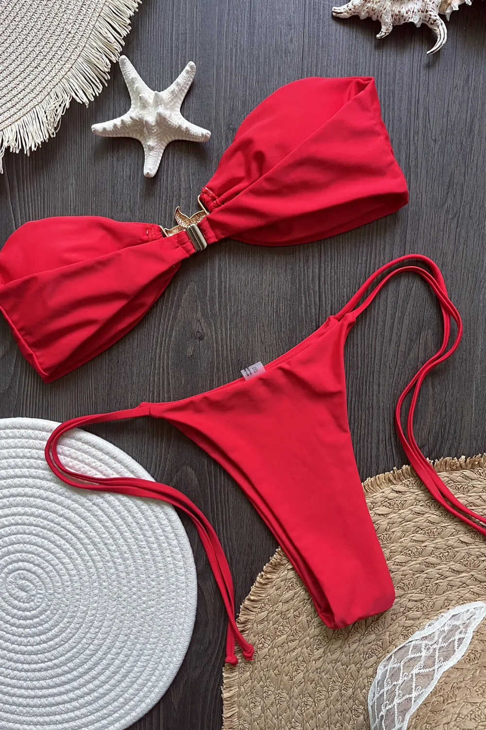 Gold Starfish Detail Bandeau Tie Side Bikini Set-Red sold by Floralkini product image thumbnail 2
