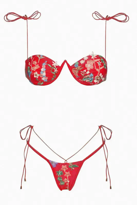 Floral Embroidery Balconette Underwire Tie Side Bikini Set - Red sold by Floralkini