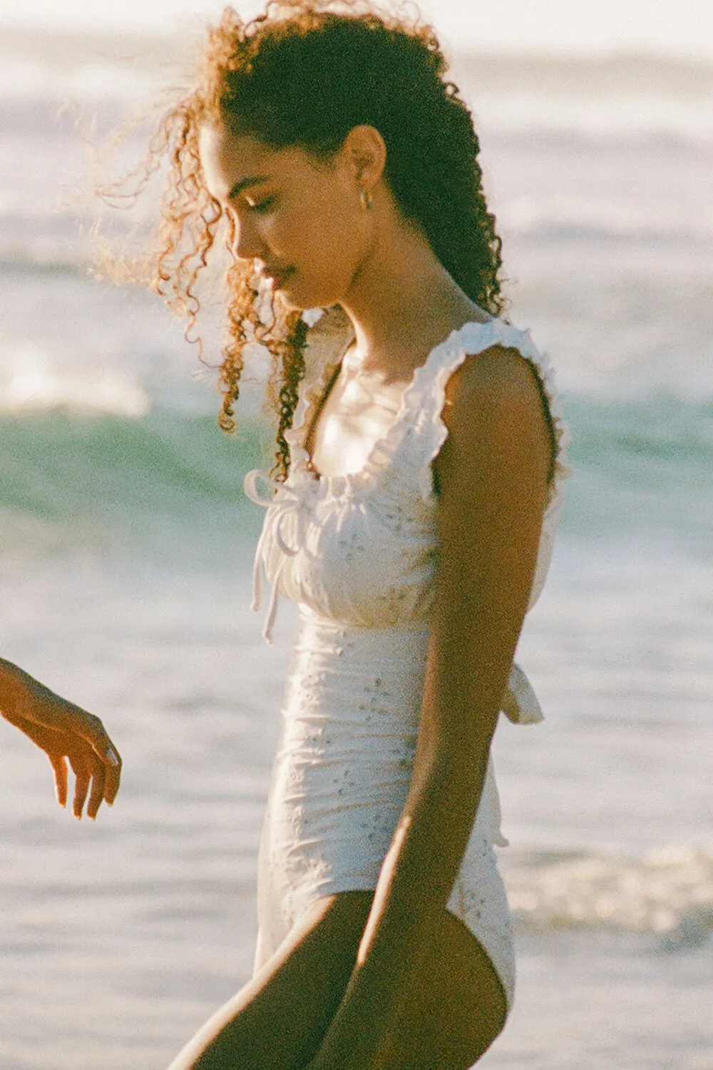 White Embroidered Ruffled Tie Front One-Piece Swimsuit sold by Floralkini product image thumbnail 2