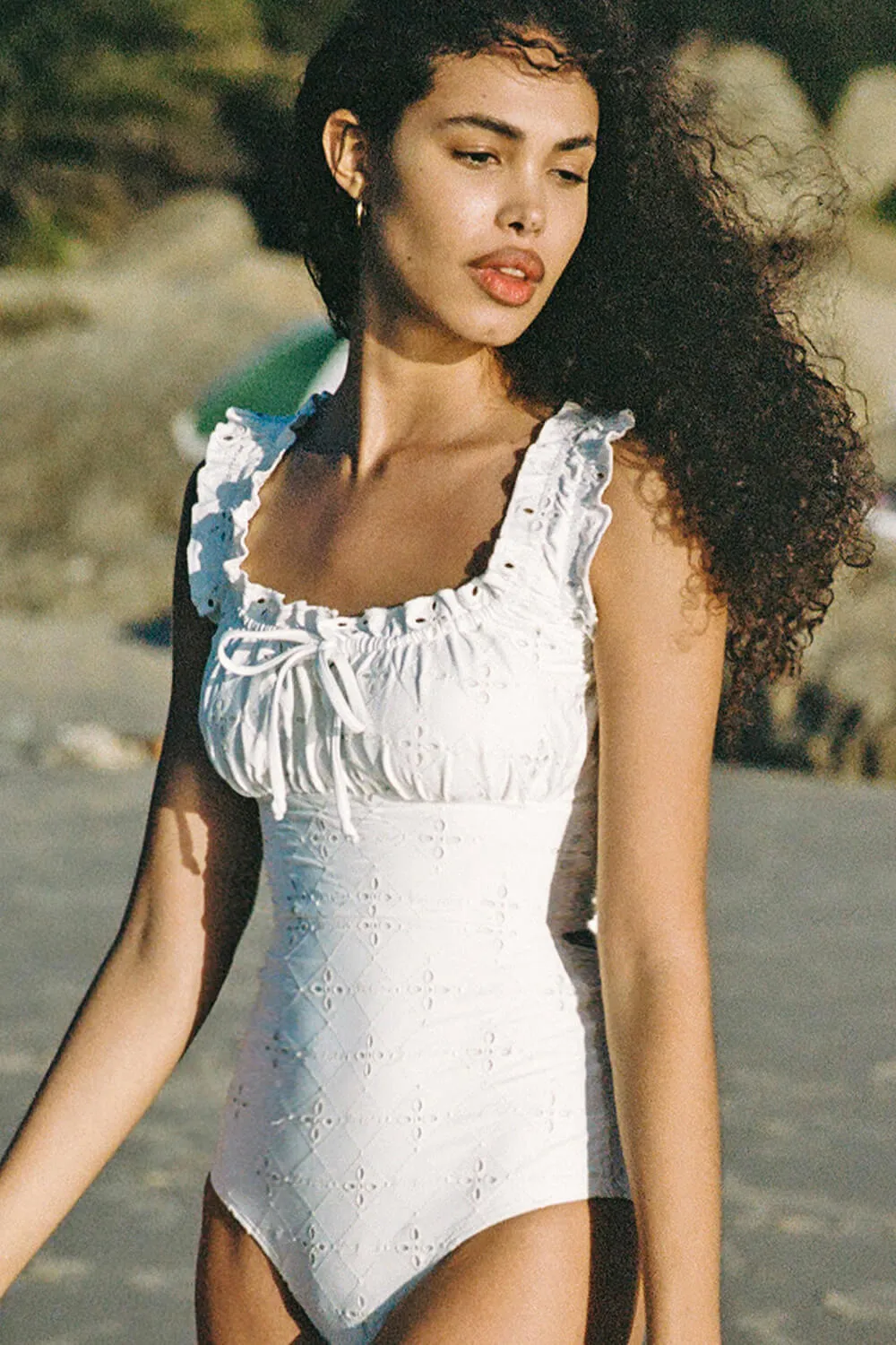 White Embroidered Ruffled Tie Front One-Piece Swimsuit sold by Floralkini