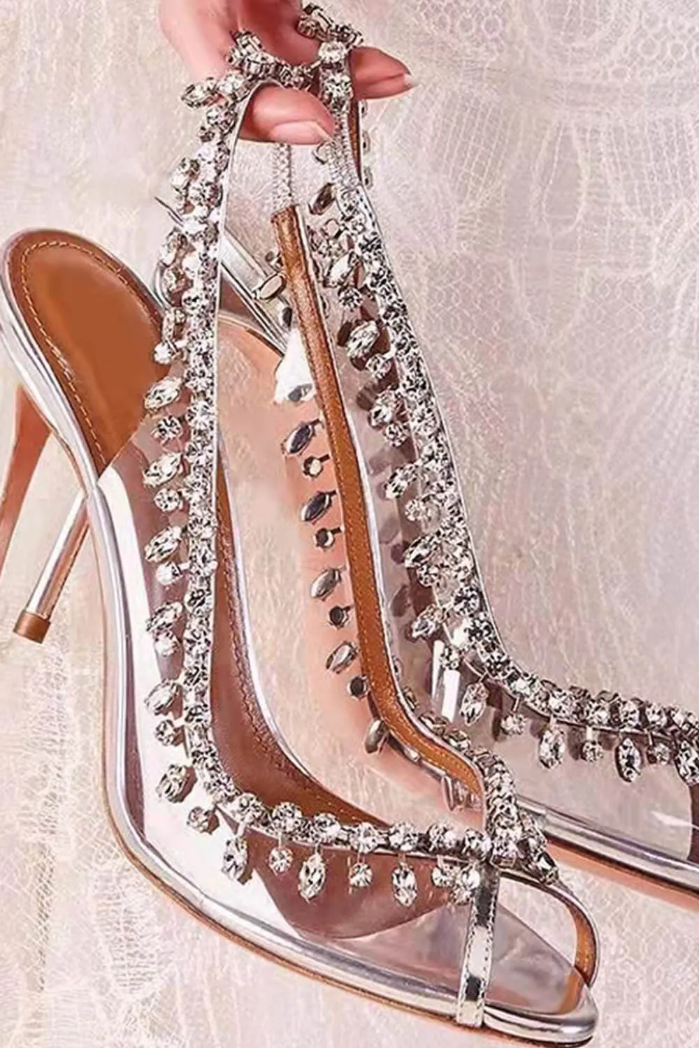 Transparent Crystal Embellished Pvc Open Toe Slingback Pump Heels sold by Floralkini product image thumbnail 3