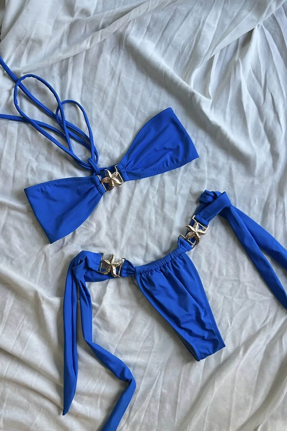 Bandeau Halter Tie Side Bikini Set With Gold Seastar Details - Blue sold by Floralkini