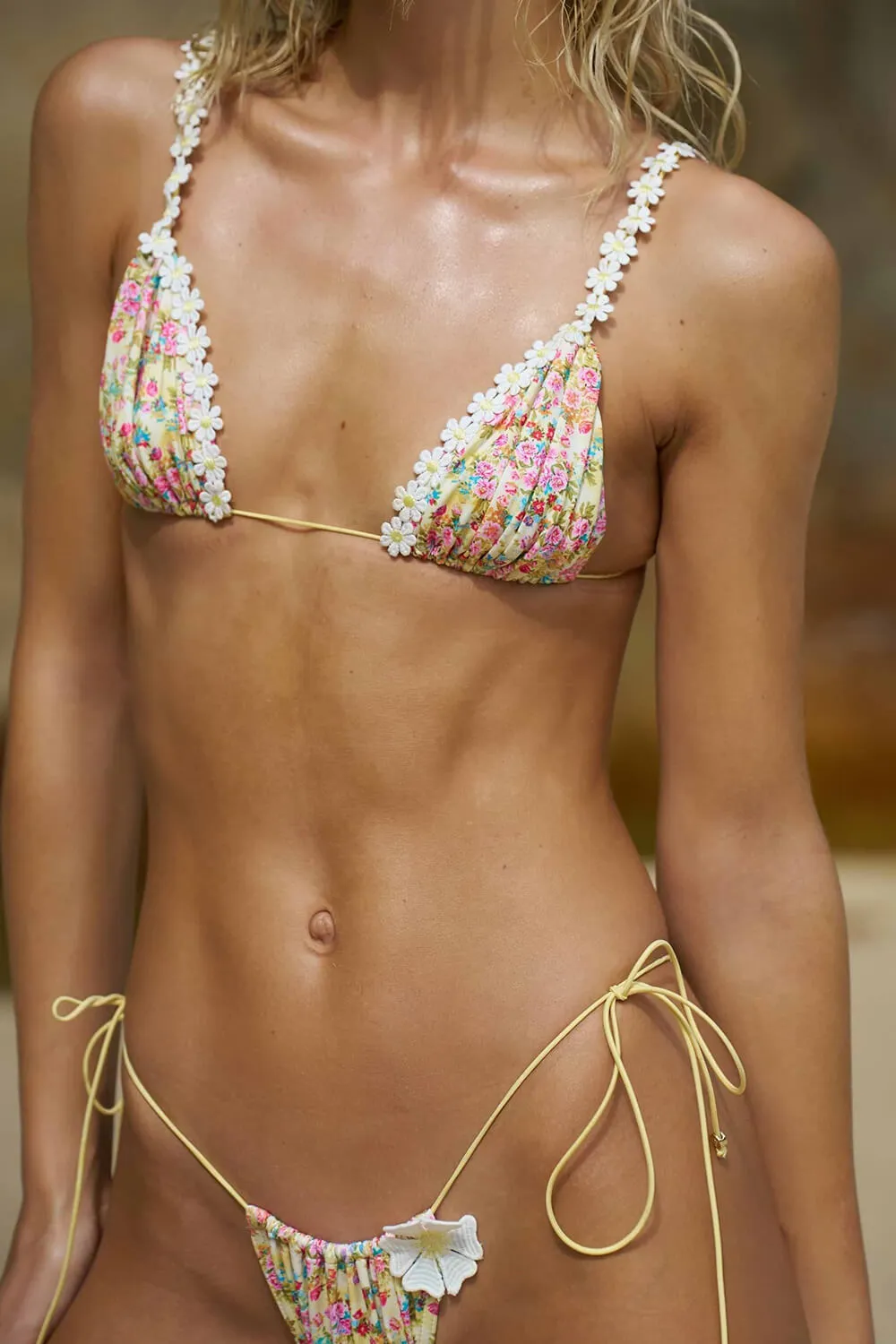 Floral Triangle Halter Adjustable Tie High Cut Bikini Set With Crochet Trim sold by Floralkini product image thumbnail 3