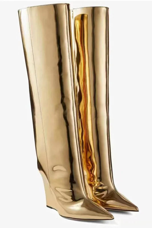 Sharp Pointed Toe Knee High Wedge Boot - Gold sold by Floralkini