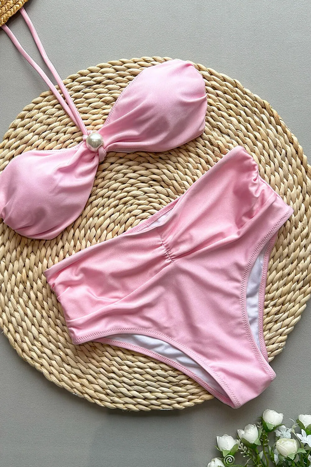 Pearl Accent Bandeau Halterneck High Waisted Bikini Set sold by Floralkini product image thumbnail 3