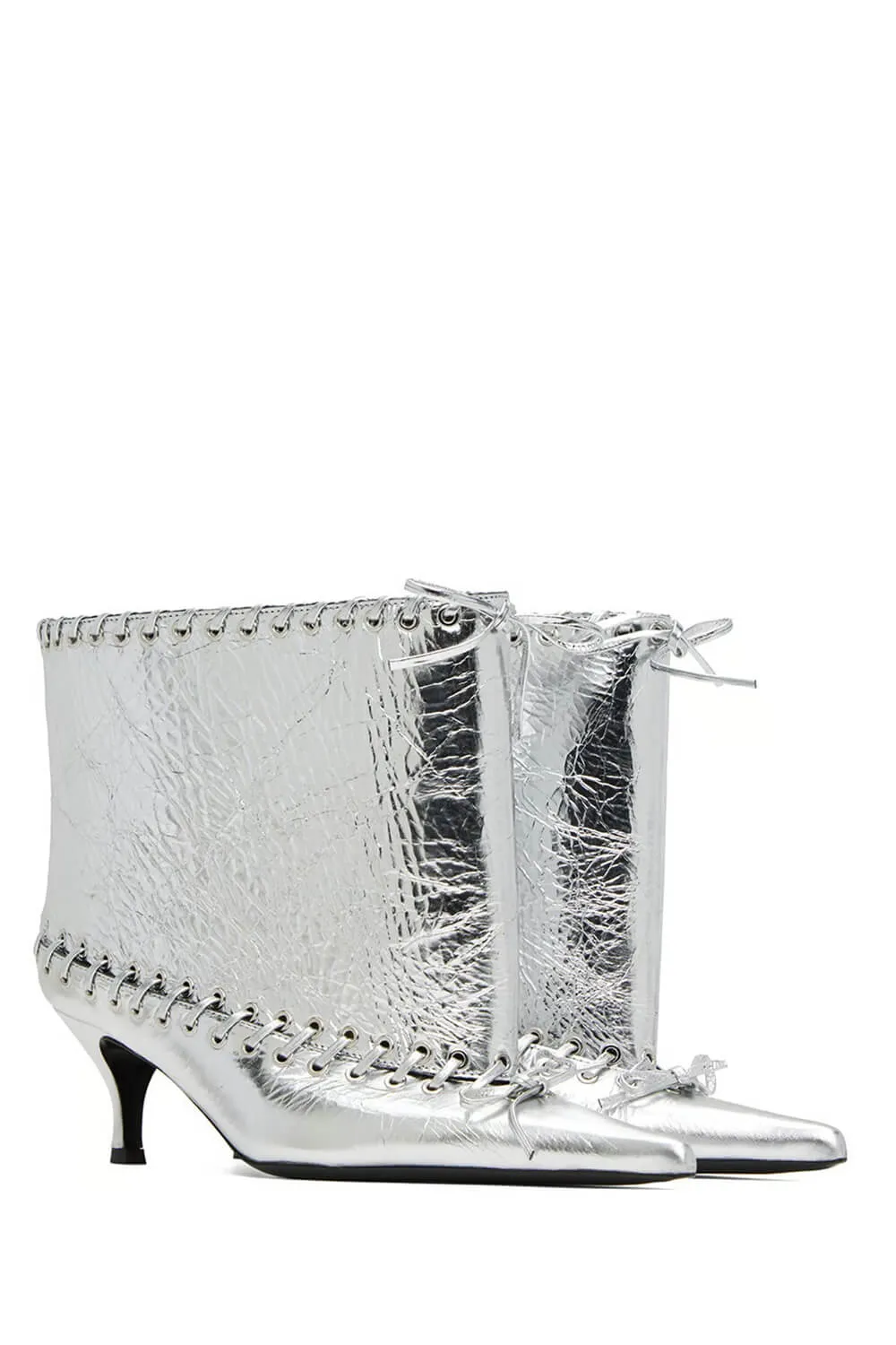 Metallic Pointed Toe Ankle Stiletto Boots With Lacing Details sold by Floralkini product image thumbnail 3