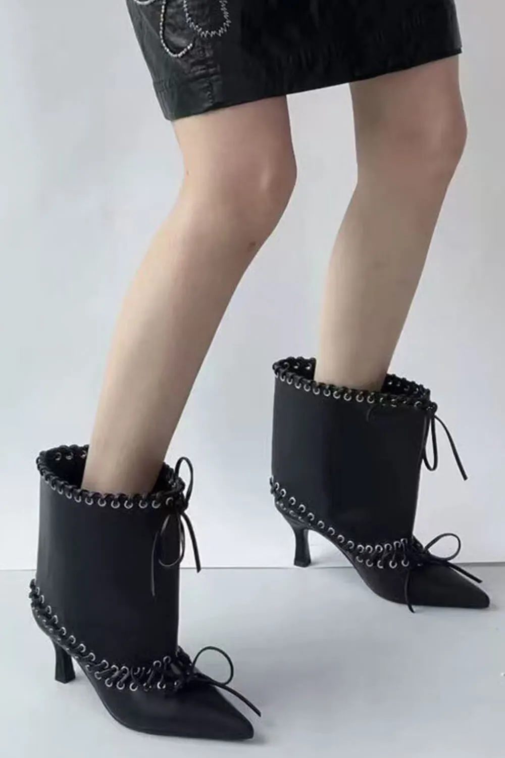 Faux Leather Pointed Toe Ankle Stiletto Boots With Lacing Details sold by Floralkini