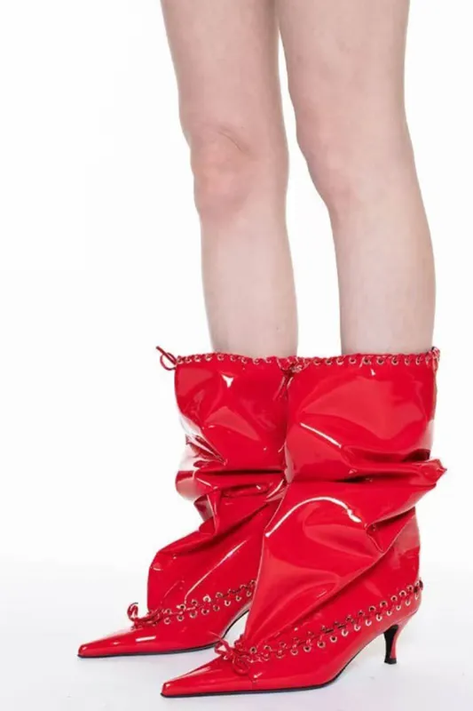 Patent Pointed Toe Ankle Stiletto Boots With Lacing Details sold by Floralkini