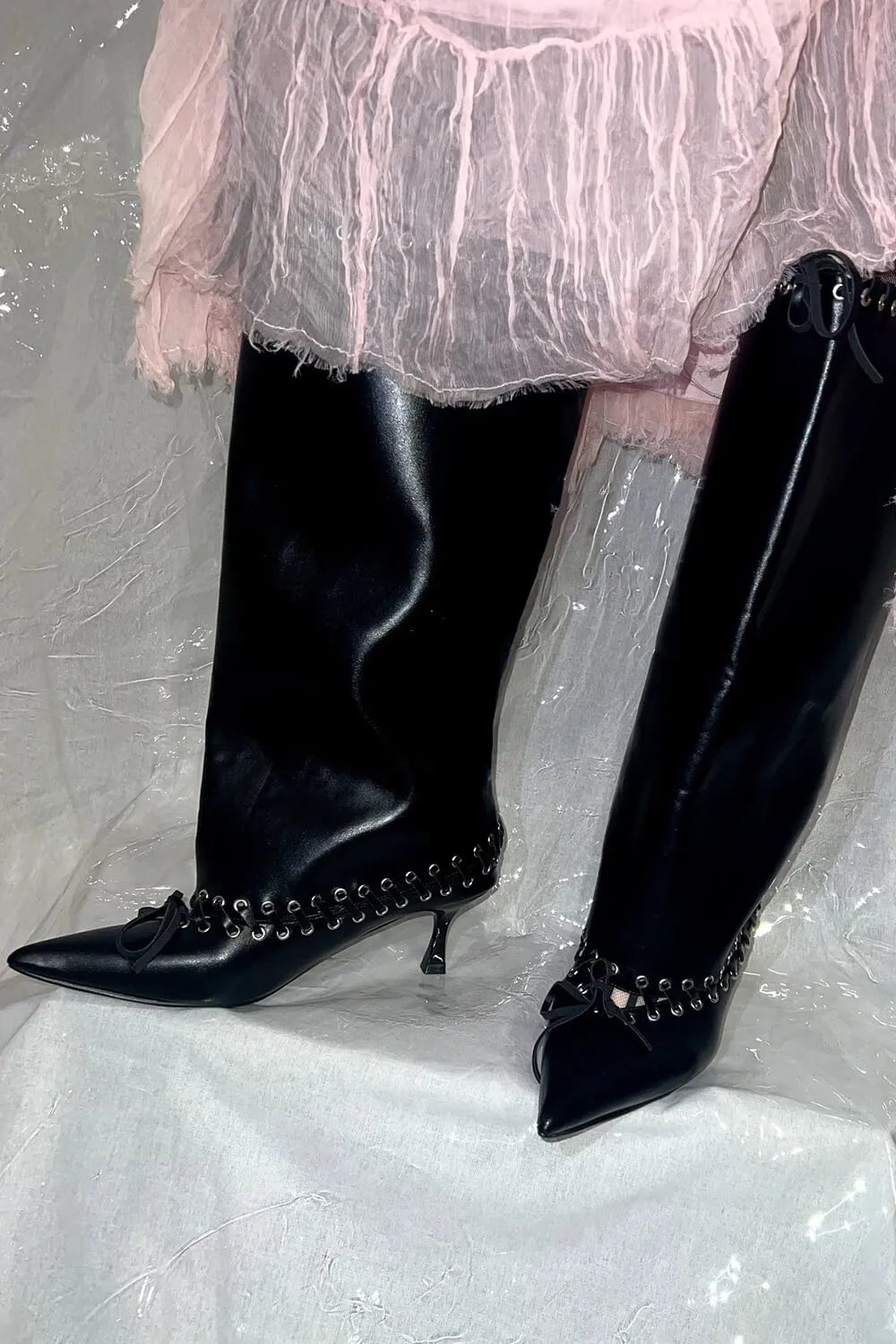 Faux Leather Pointed Toe Laced Eyelet Knee High Boots sold by Floralkini product image thumbnail 3