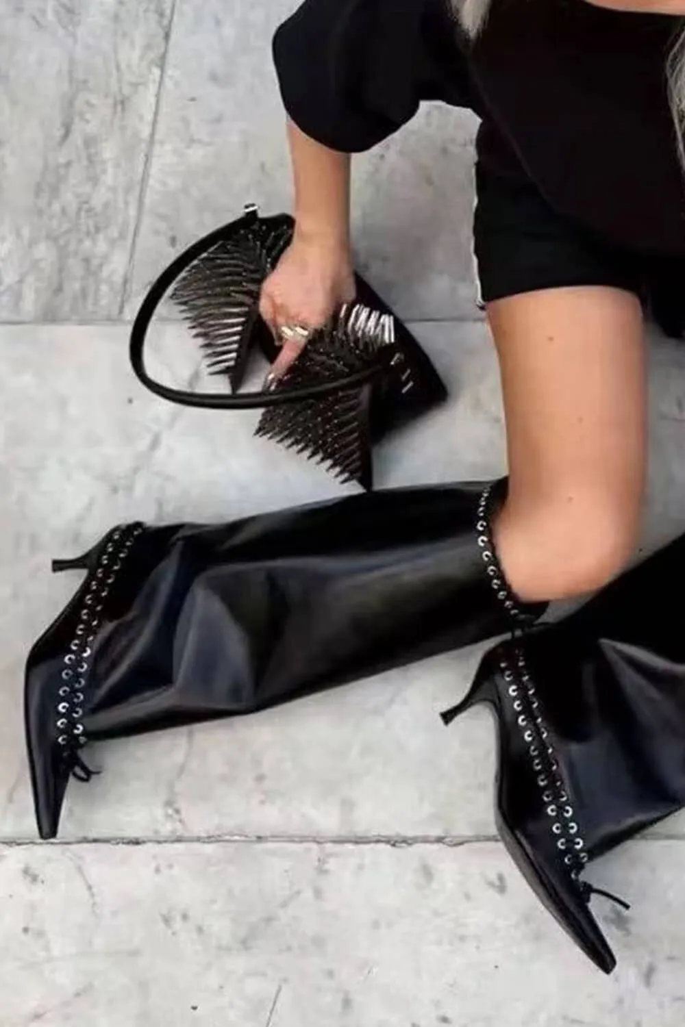 Faux Leather Pointed Toe Laced Eyelet Knee High Boots sold by Floralkini