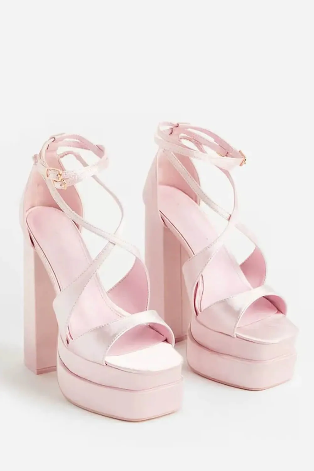Satin Strappy Square Open Toe Double Platform Block Heeled Sandals sold by Floralkini product image thumbnail 3