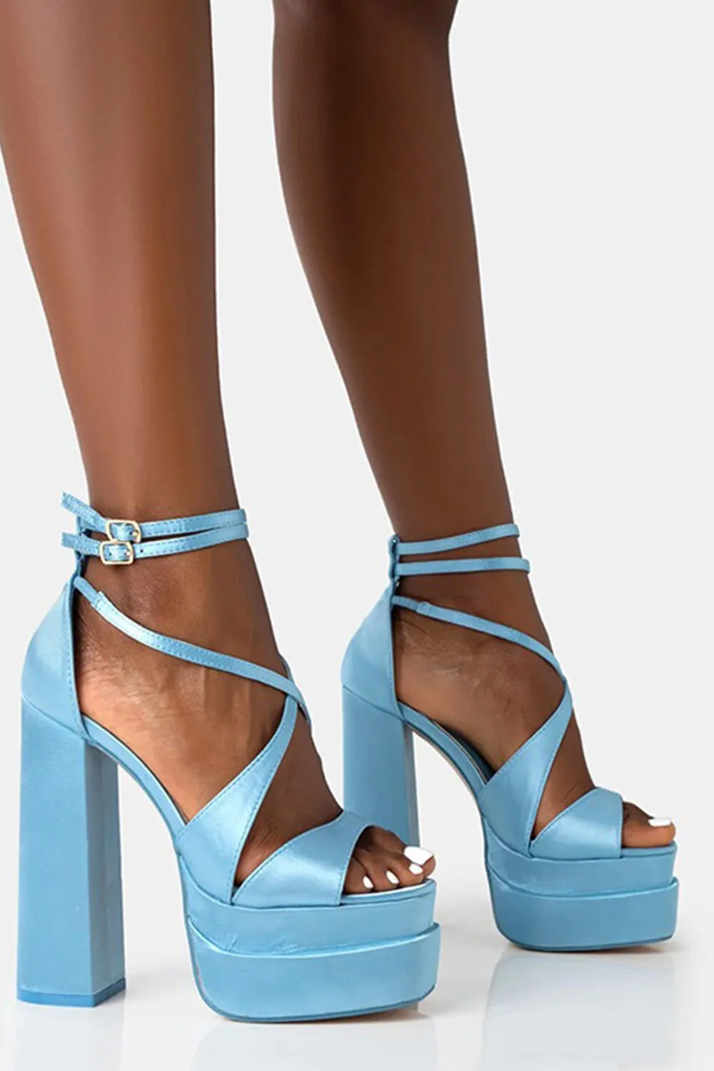 Satin Strappy Square Open Toe Double Platform Block Heeled Sandals sold by Floralkini