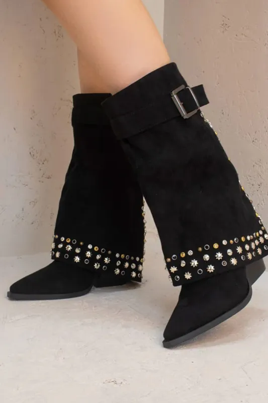 Faux Suede Studded And Crystal-Embellished Cowboy Fold Over Mid-Calf Boots sold by Floralkini