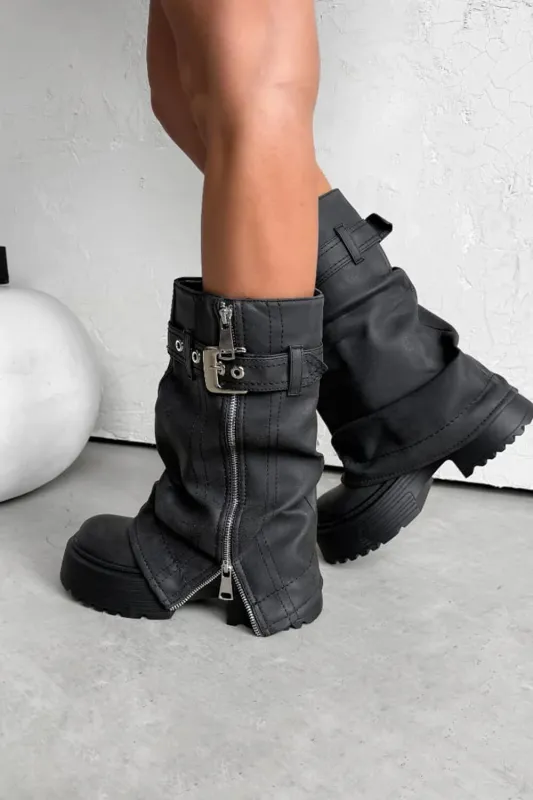 Pu Fold Over Mid-Calf Chunky Platform Zip Boots sold by Floralkini