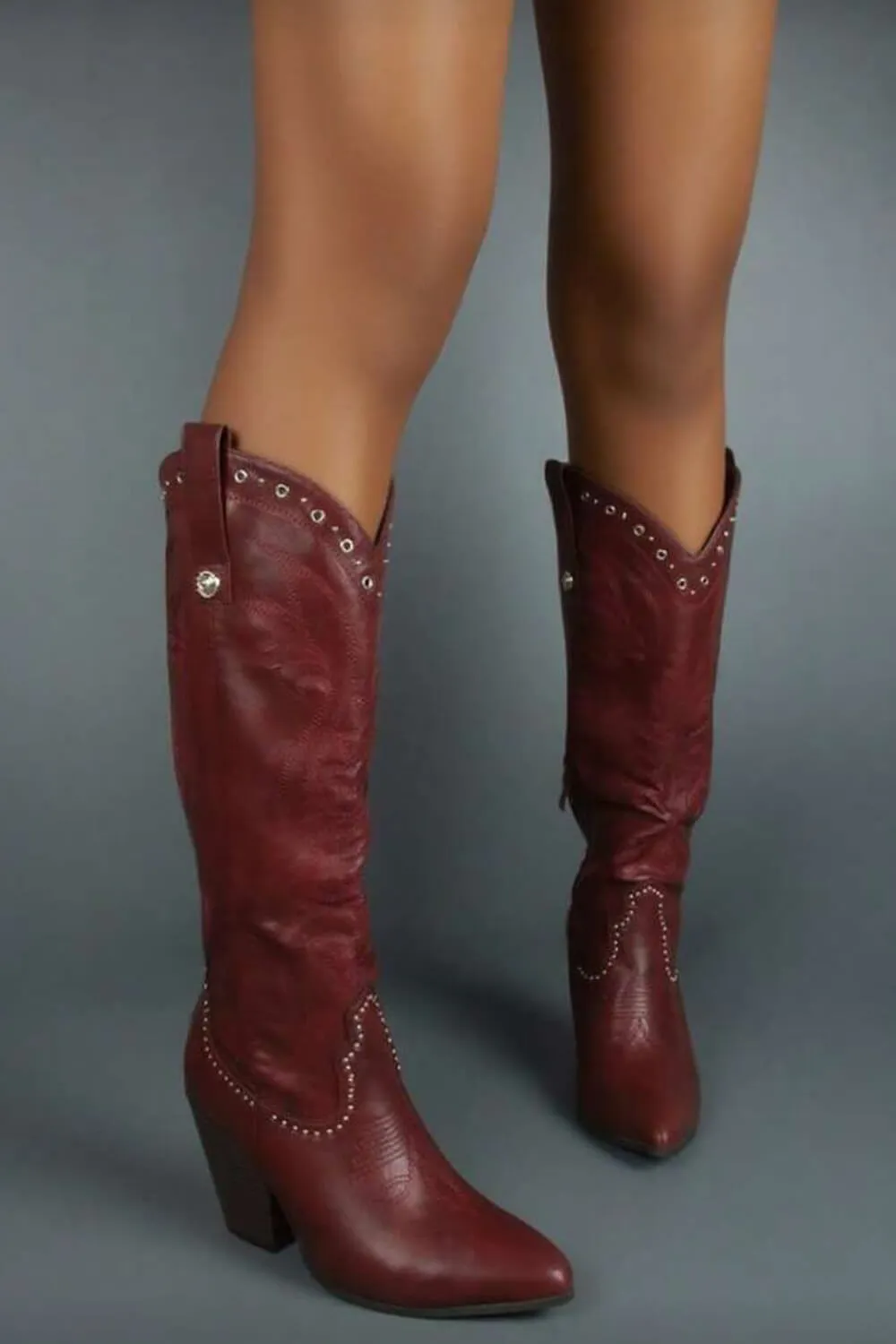 Studded Detail Western Cowgirl Knee High Boots sold by Floralkini product image thumbnail 2