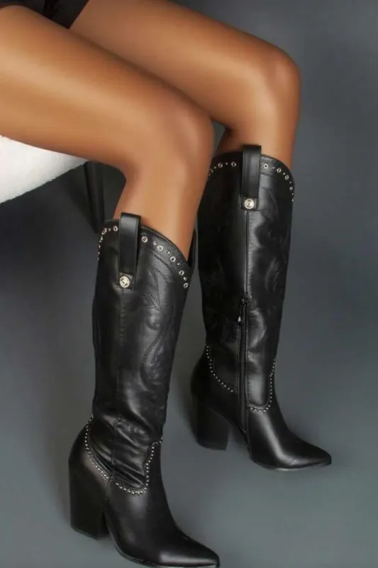 Studded Detail Western Cowgirl Knee High Boots sold by Floralkini
