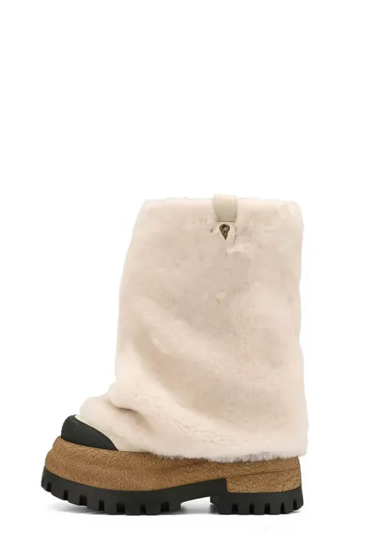 Shearling Fold Over Round Toe Chunky Platform Boots - Cream sold by Floralkini