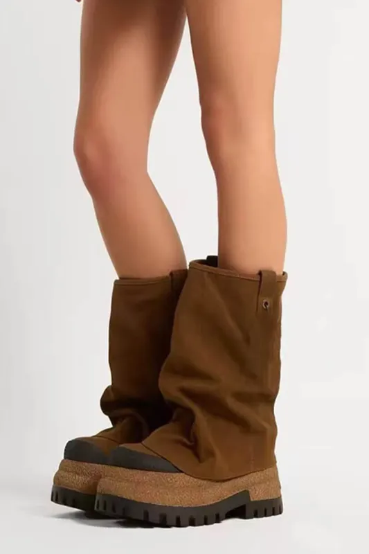 Faux Suede Fold Over Round Toe Chunky Platform Boots - Brown sold by Floralkini