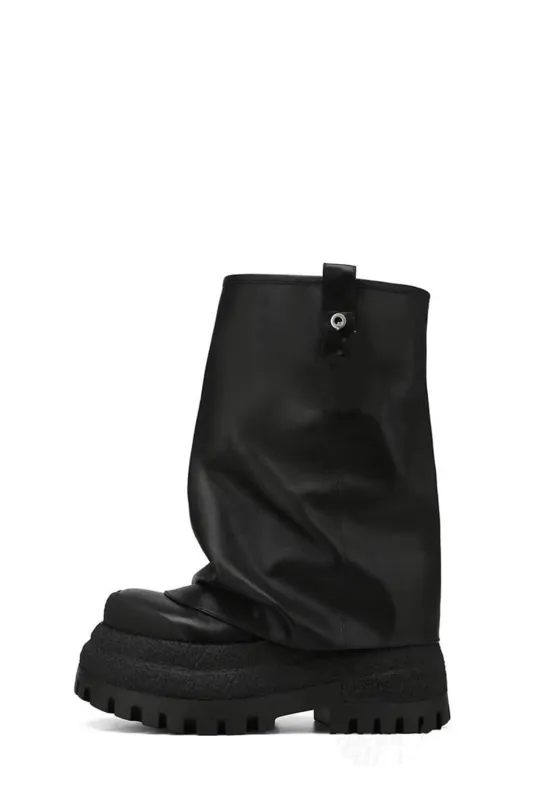 Faux Leather Fold Over Round Toe Chunky Platform Boots - Black sold by Floralkini
