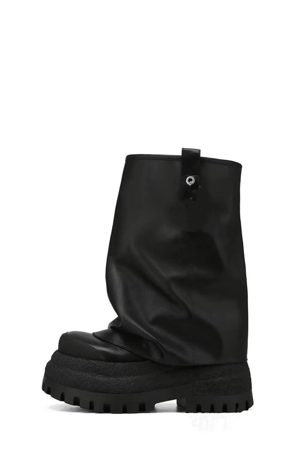Faux Leather Fold Over Round Toe Chunky Platform Boots - Black sold by Floralkini