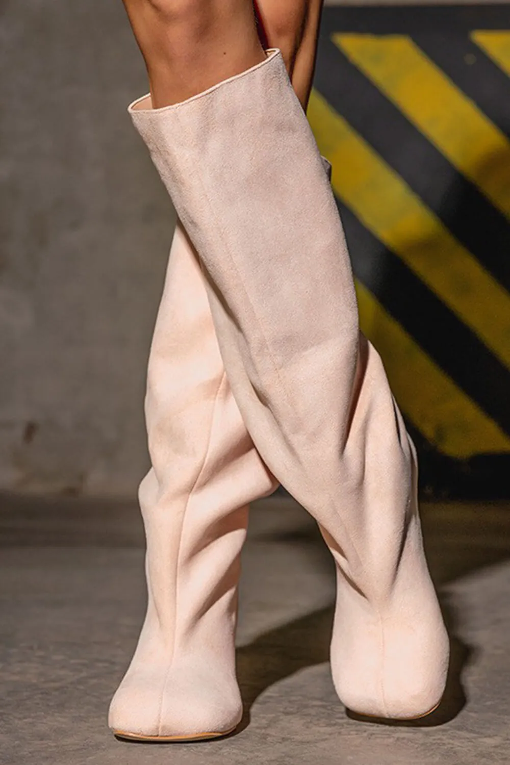 Faux Suede Slip-On Knee-High Boots - Beige sold by Floralkini