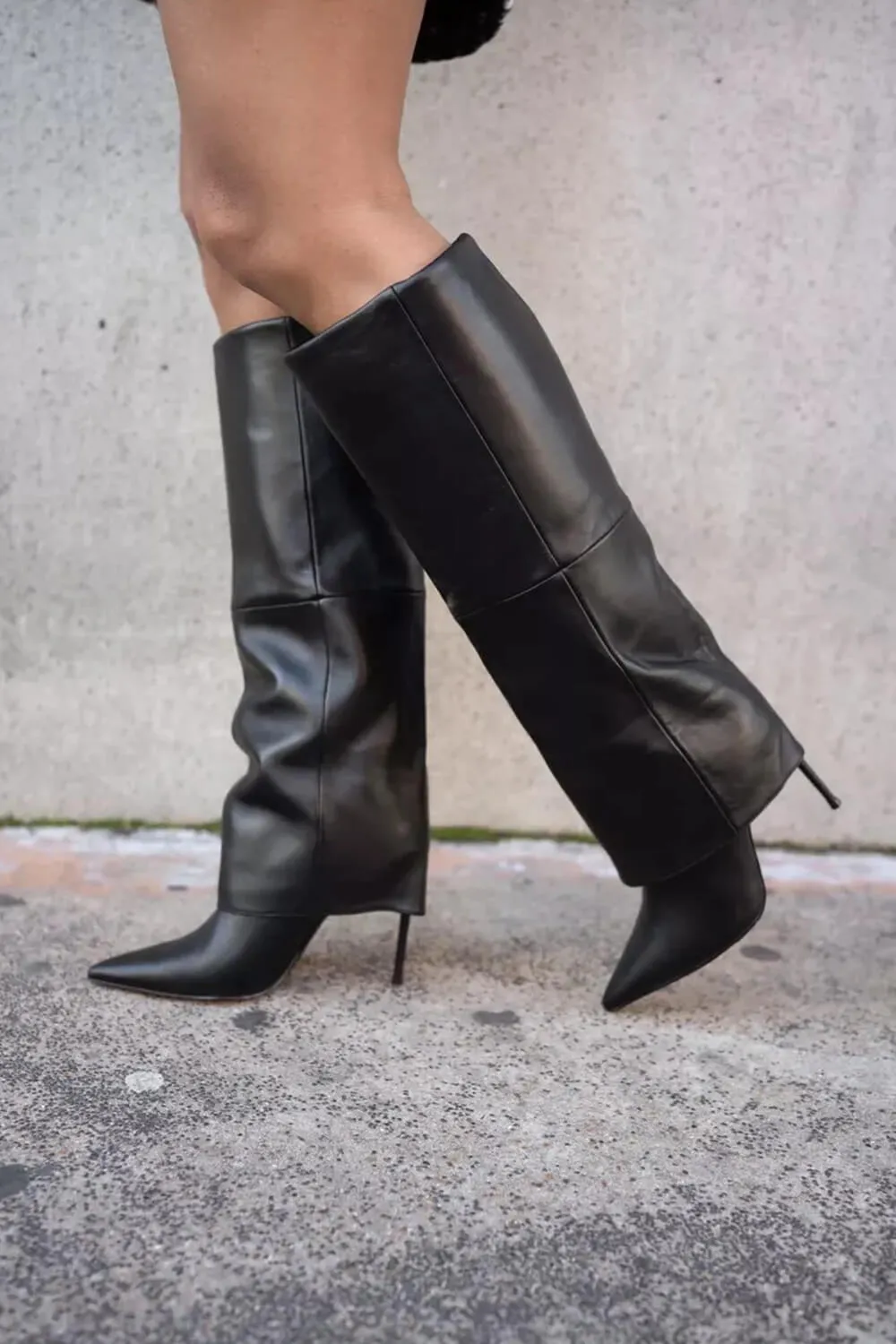 Black Faux Leather Folded Over Knee High Stiletto Heeled Boots sold by Floralkini product image thumbnail 4