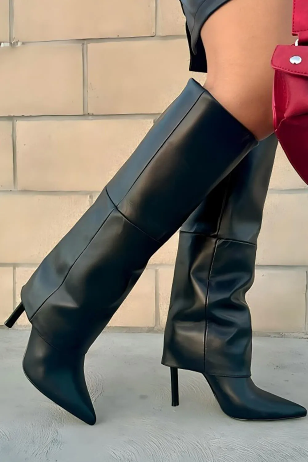 Black Faux Leather Folded Over Knee High Stiletto Heeled Boots sold by Floralkini product image thumbnail 5
