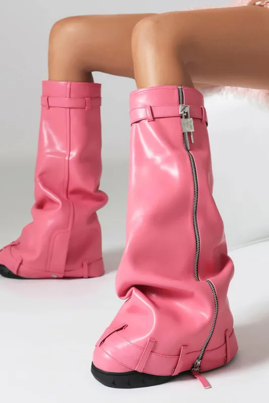 Wrapped Padlock Zip Detail Folded Knee High Wedge Chunky Biker Boots - Pink sold by Floralkini