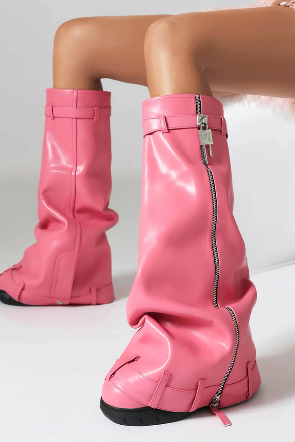 Wrapped Padlock Zip Detail Folded Knee High Wedge Chunky Biker Boots - Pink sold by Floralkini