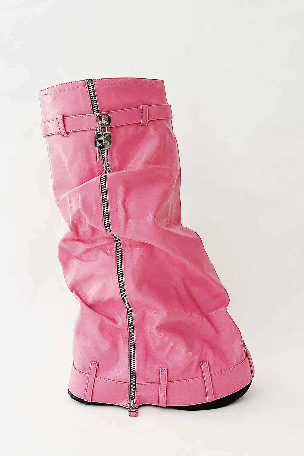 Wrapped Padlock Zip Detail Folded Knee High Wedge Chunky Biker Boots - Pink sold by Floralkini product image thumbnail 4
