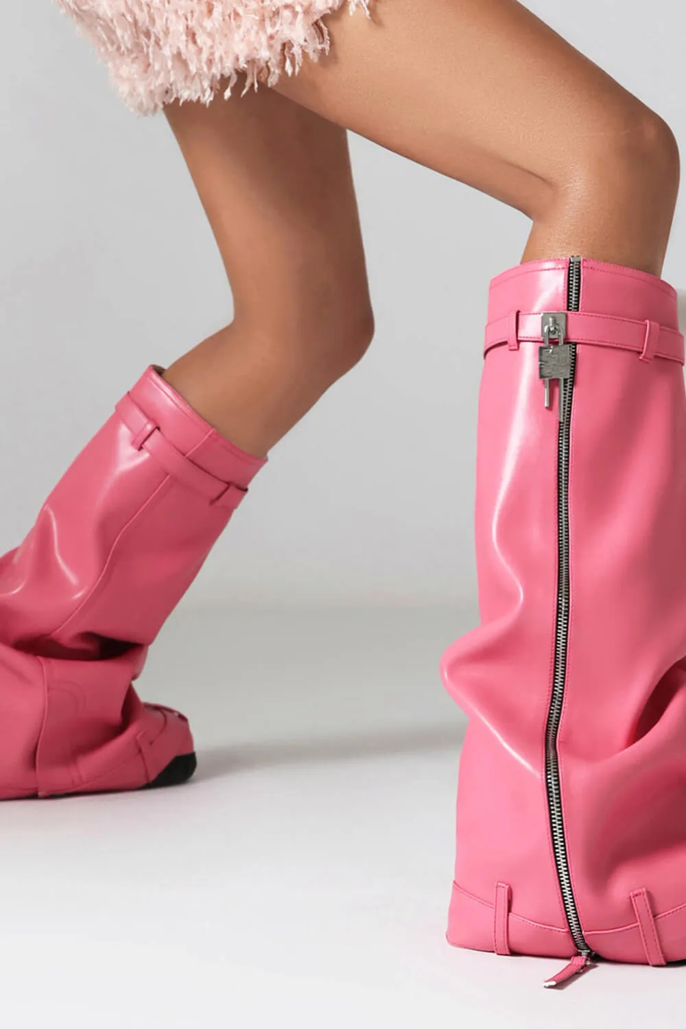 Wrapped Padlock Zip Detail Folded Knee High Wedge Chunky Biker Boots - Pink sold by Floralkini product image thumbnail 2