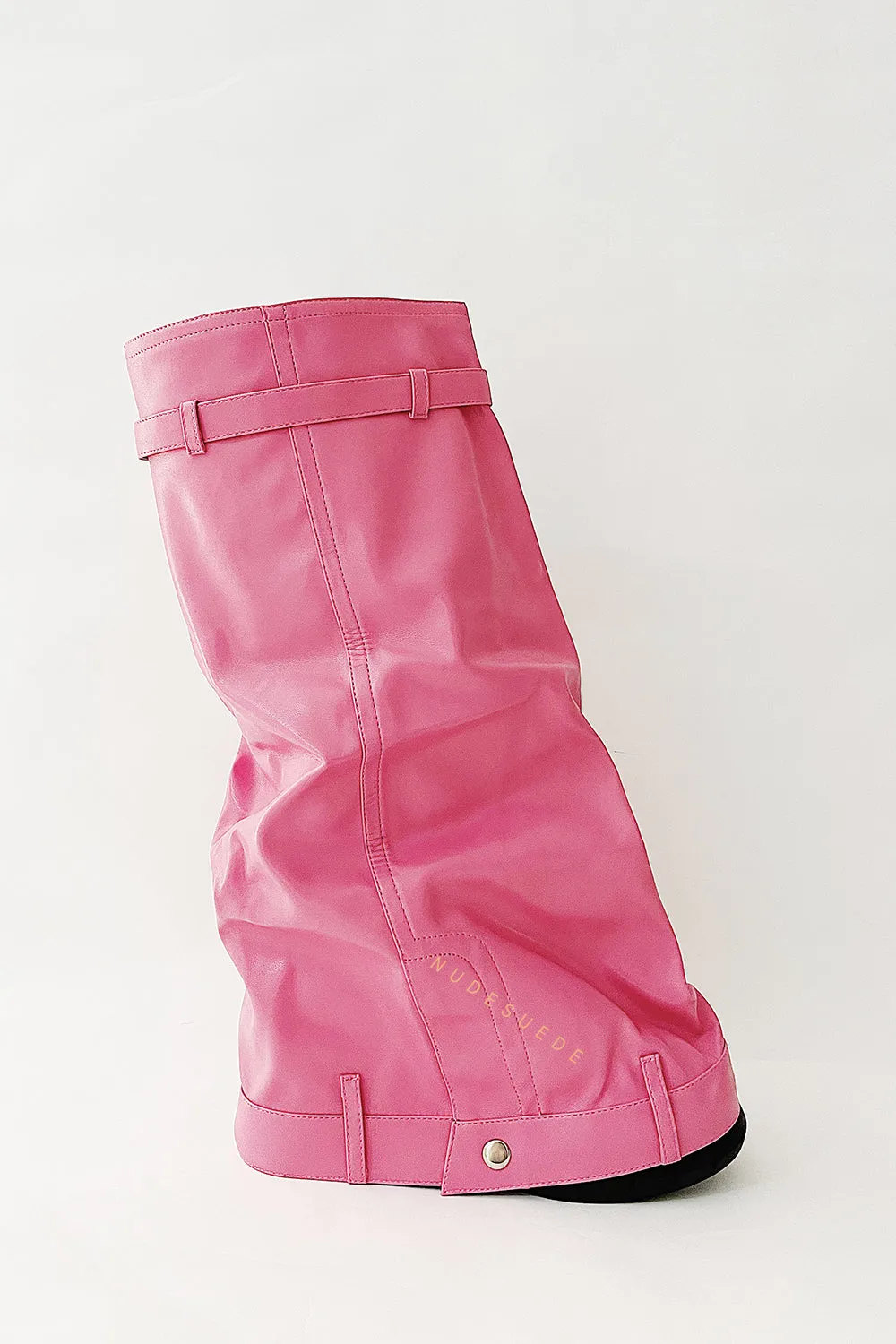 Wrapped Padlock Zip Detail Folded Knee High Wedge Chunky Biker Boots - Pink sold by Floralkini product image thumbnail 5