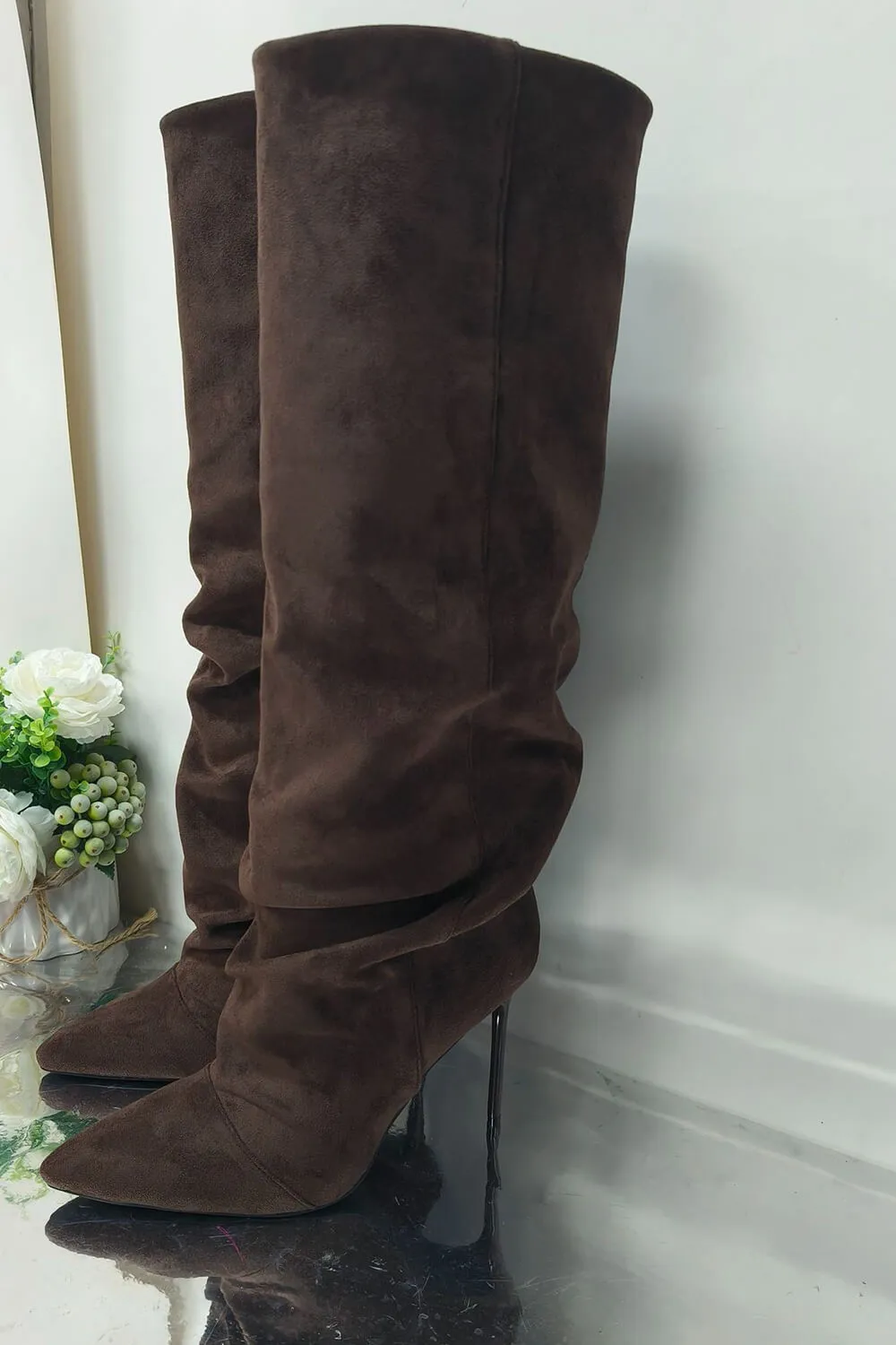 Faux Suede Ruched Knee High Heeled Boots sold by Floralkini product image thumbnail 3